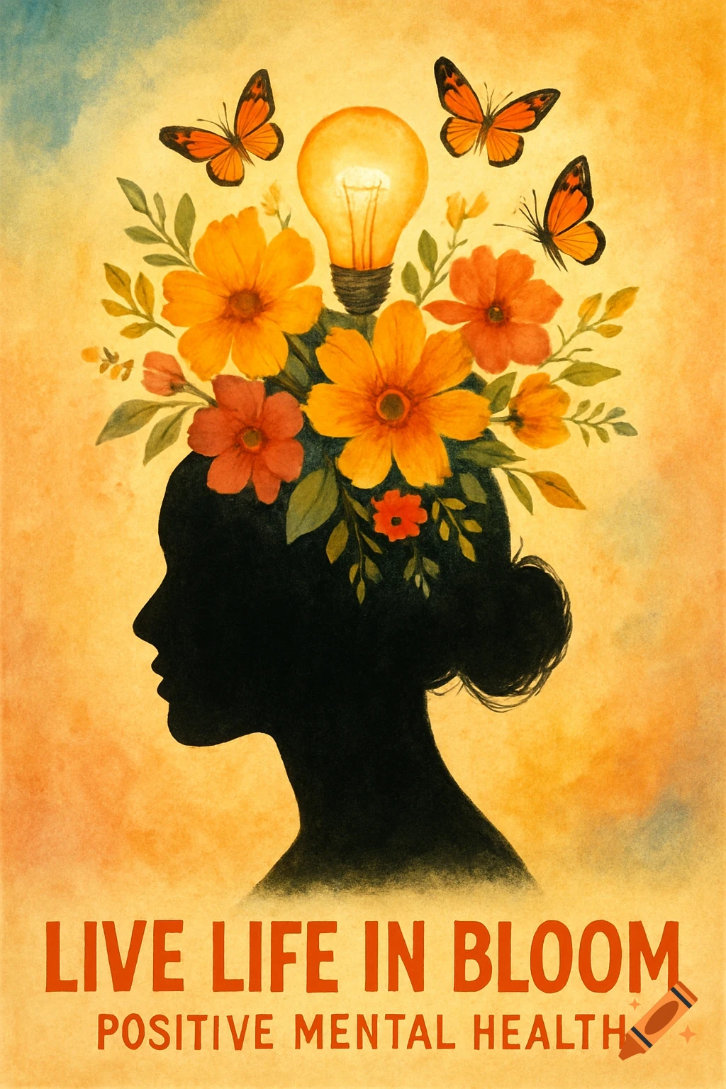 Watercolor illustration of woman silhouette with flowers, lightbulb, butterflies on head, and 'Live life in bloom Positive Mental Health' text.