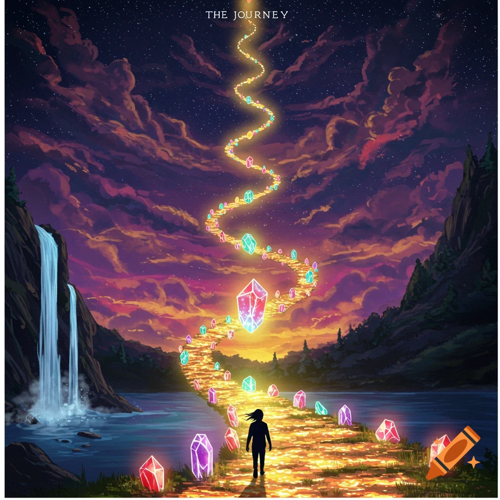 A person walks up a glowing path lined with colorful crystals into a starry sky above a waterfall and mountains in a stylized fantasy landscape.