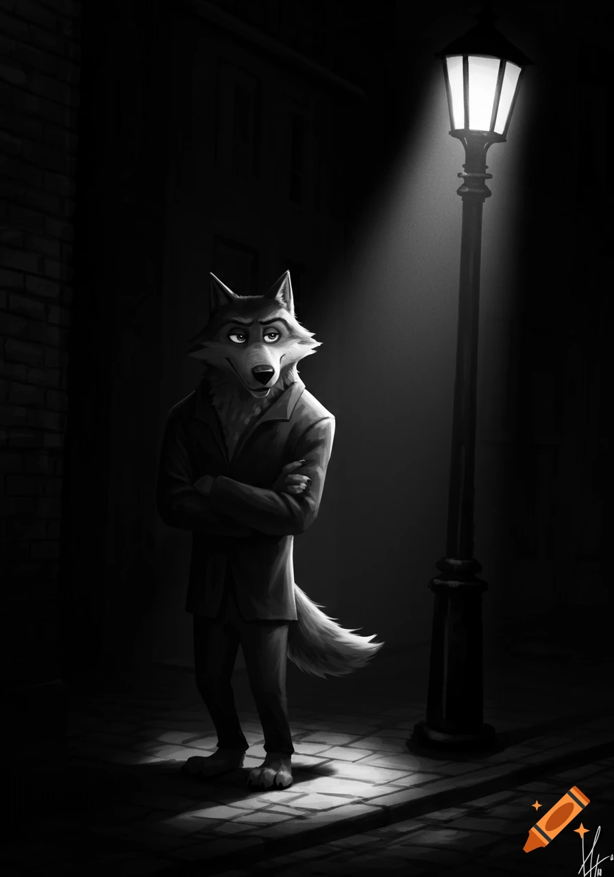 A black and white illustration of a wolf character in a suit jacket standing under a street light at night.