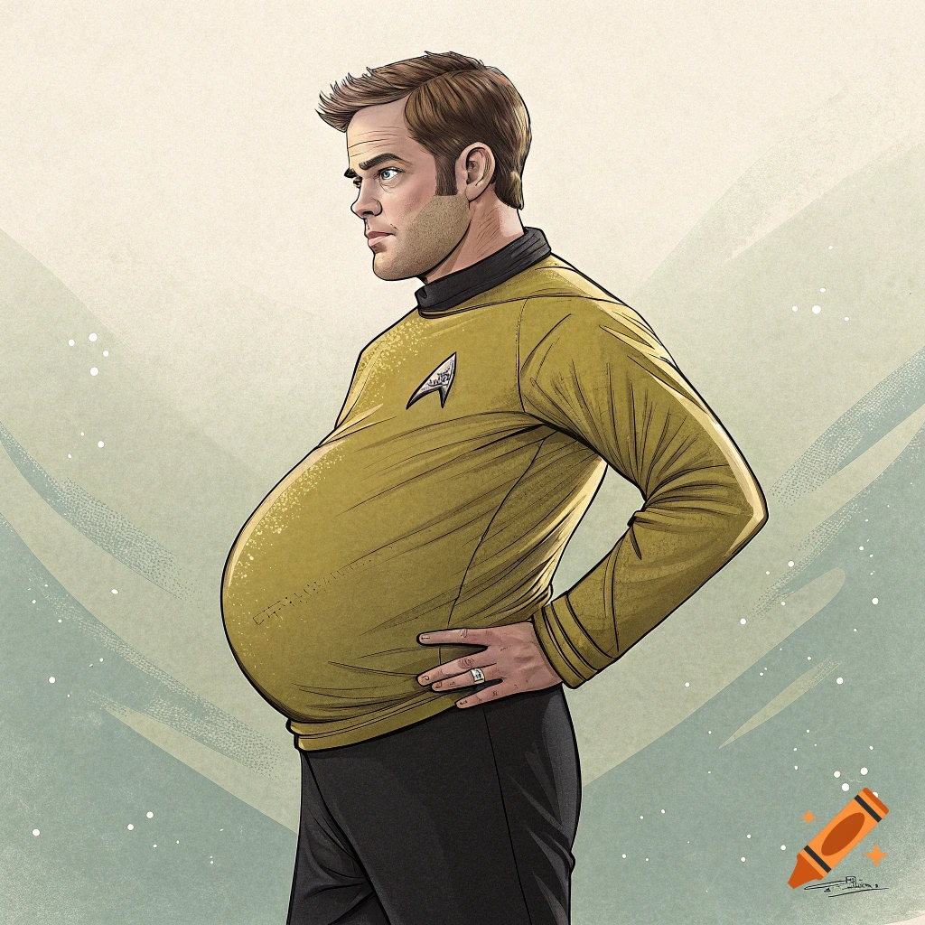 Stylized illustration of Chris Pine as Captain Kirk with a pregnant belly.