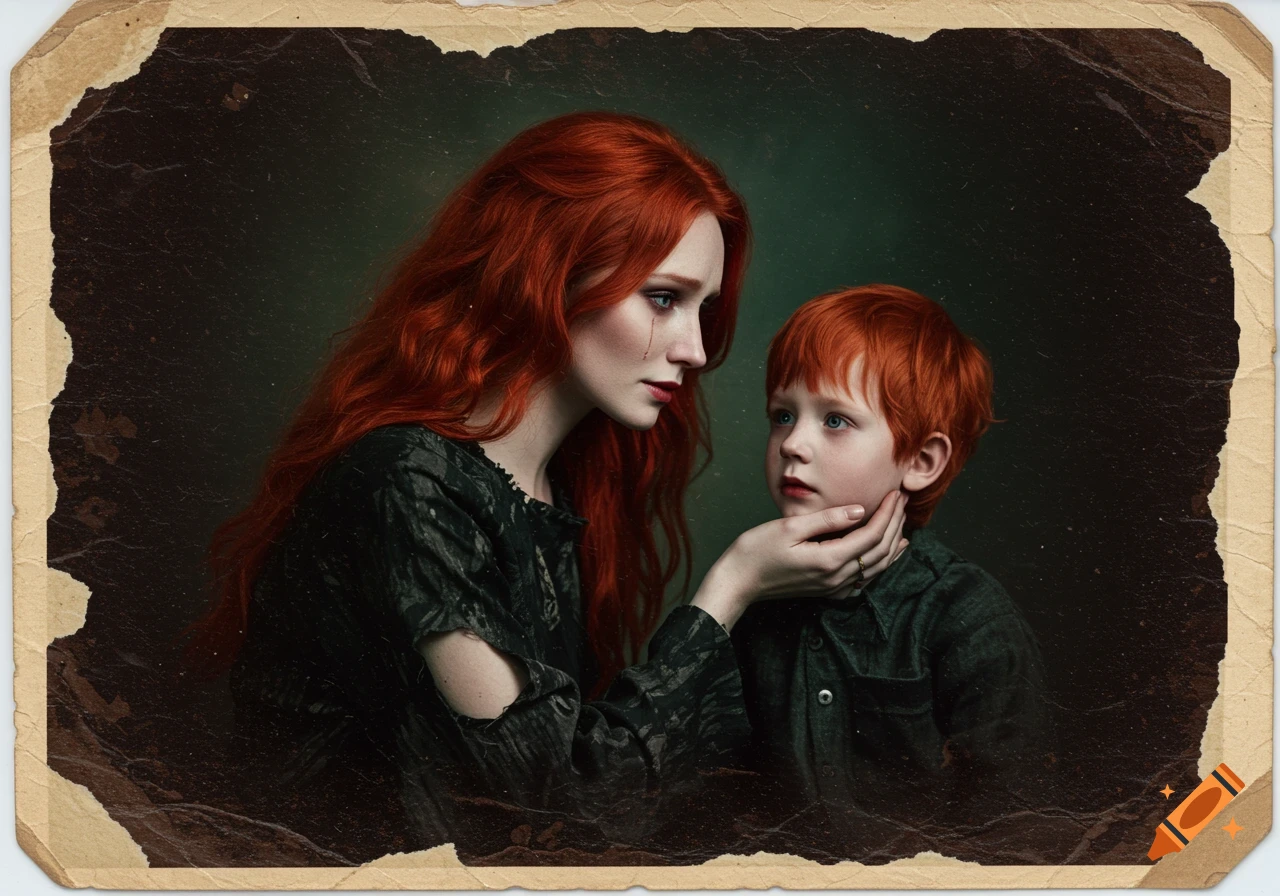 Red-haired woman holds crying child's face in a distressed historical style photo.