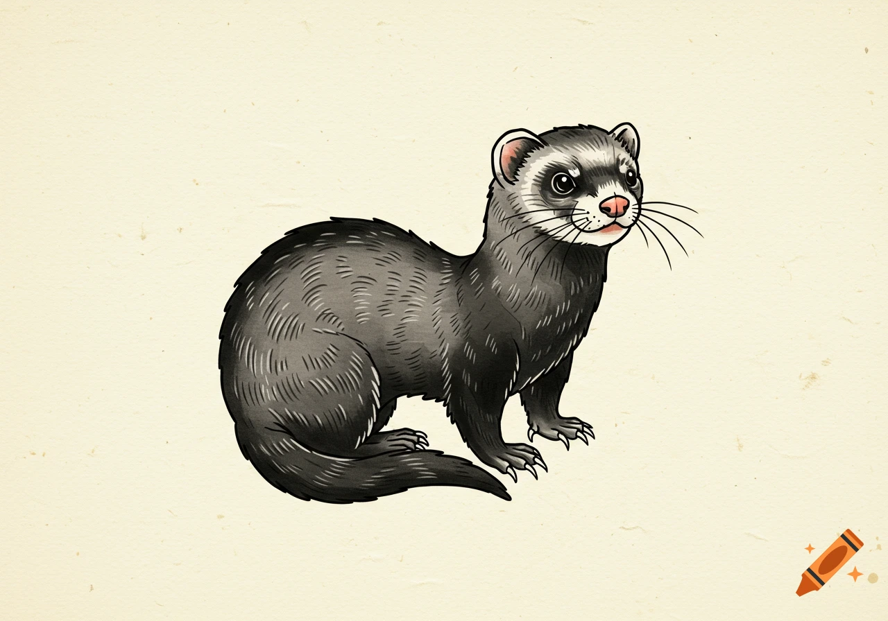 Illustration of a ferret in a traditional drawing style on textured paper.