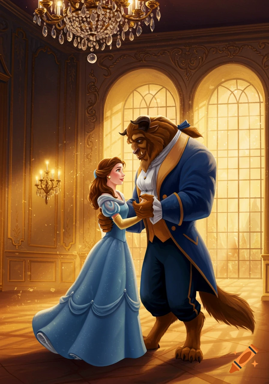 Belle and the Beast dance in a grand ballroom with chandeliers and large windows, illustrated style.