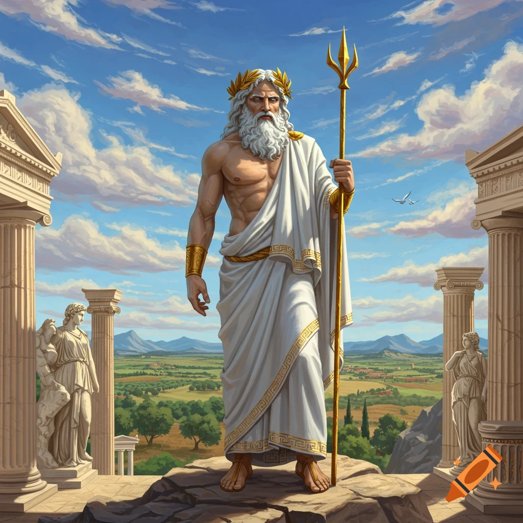 Powerful god figure resembling Zeus stands in Greek temple ruins overlooking a landscape.