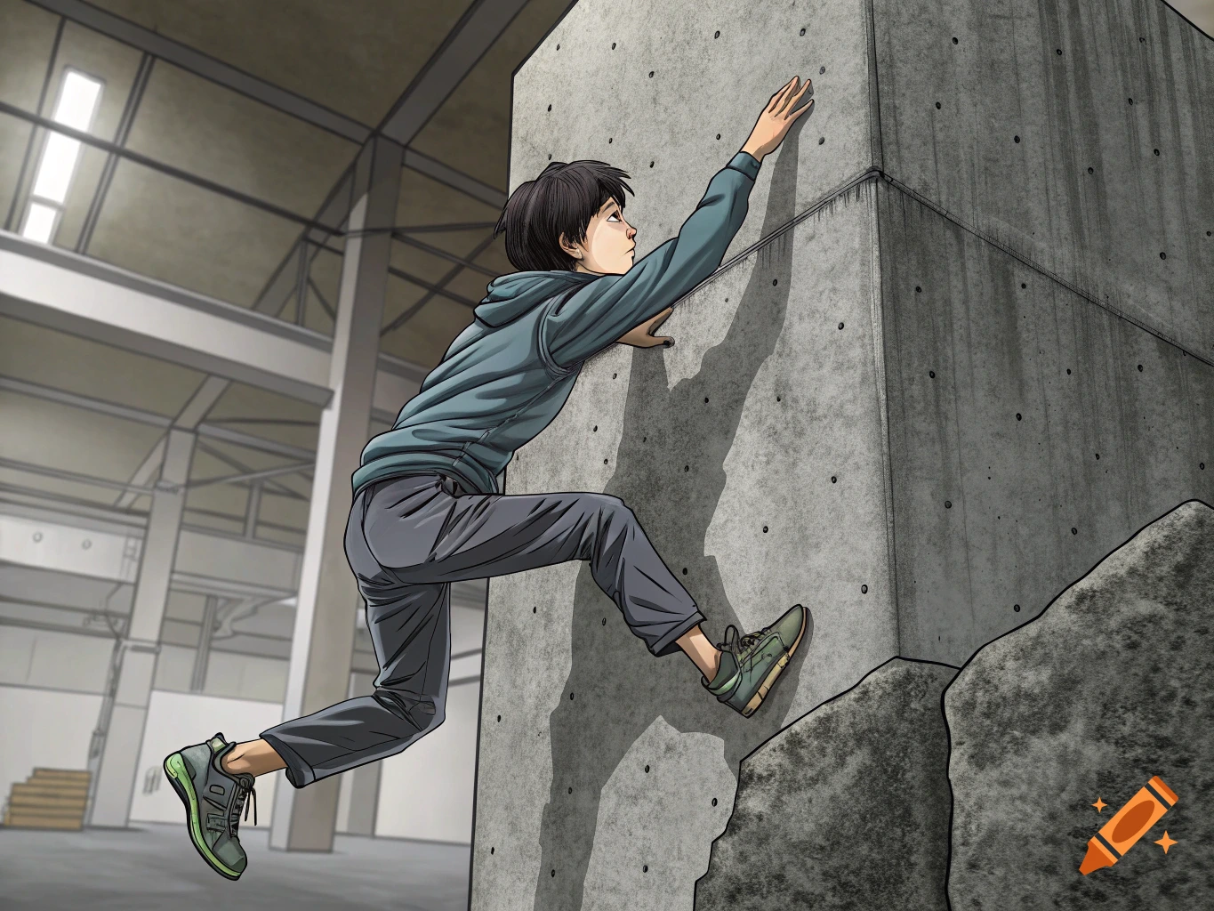 Illustrated person climbs a concrete wall indoors.