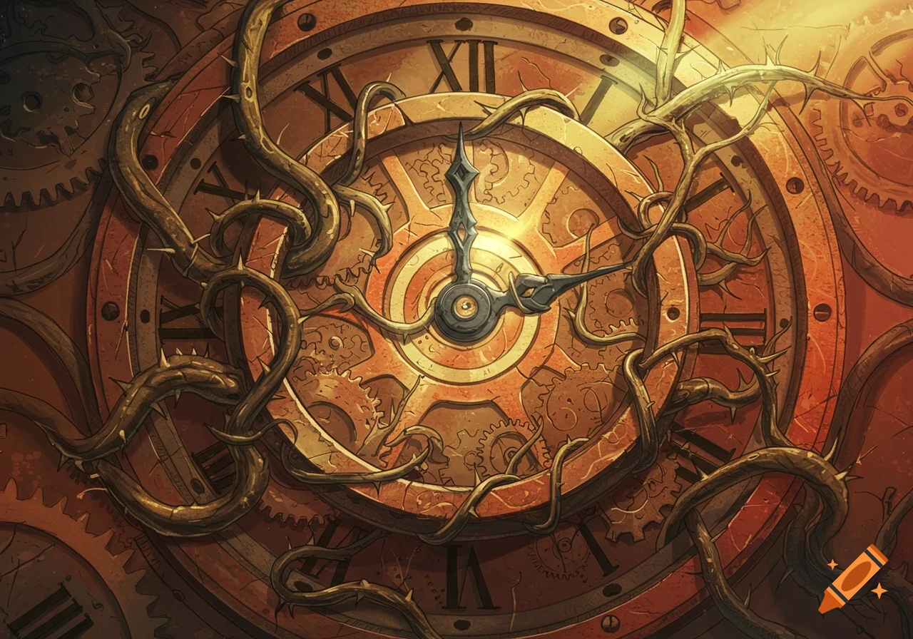 Antique clock face with Roman numerals covered in thorny vines and gears