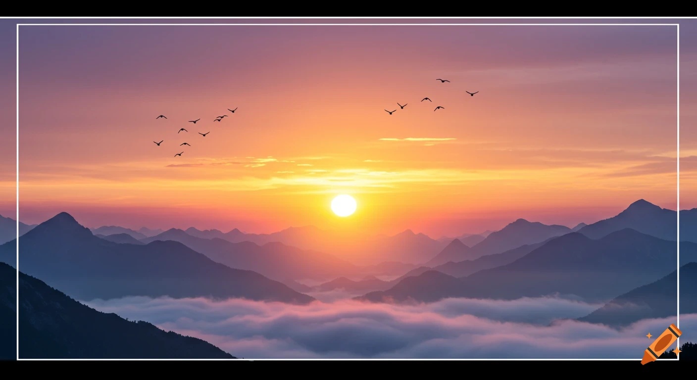 Sunrise over misty mountains with birds flying in the colorful sky. on ...