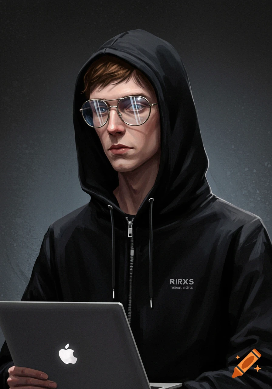 Digital painting of a young person in a black hoodie and glasses using a laptop.