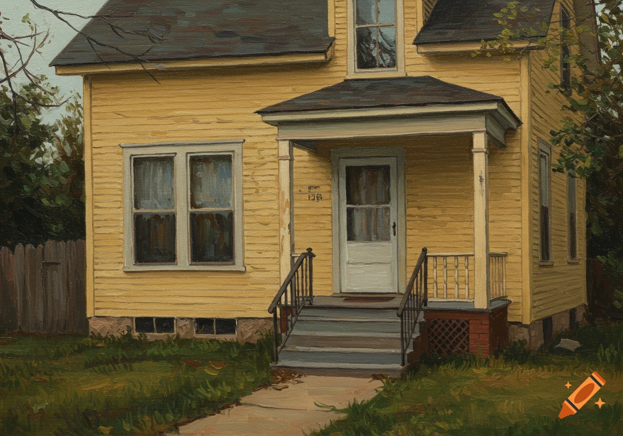 An impressionist painting of a weathered yellow house with front steps and stoop.