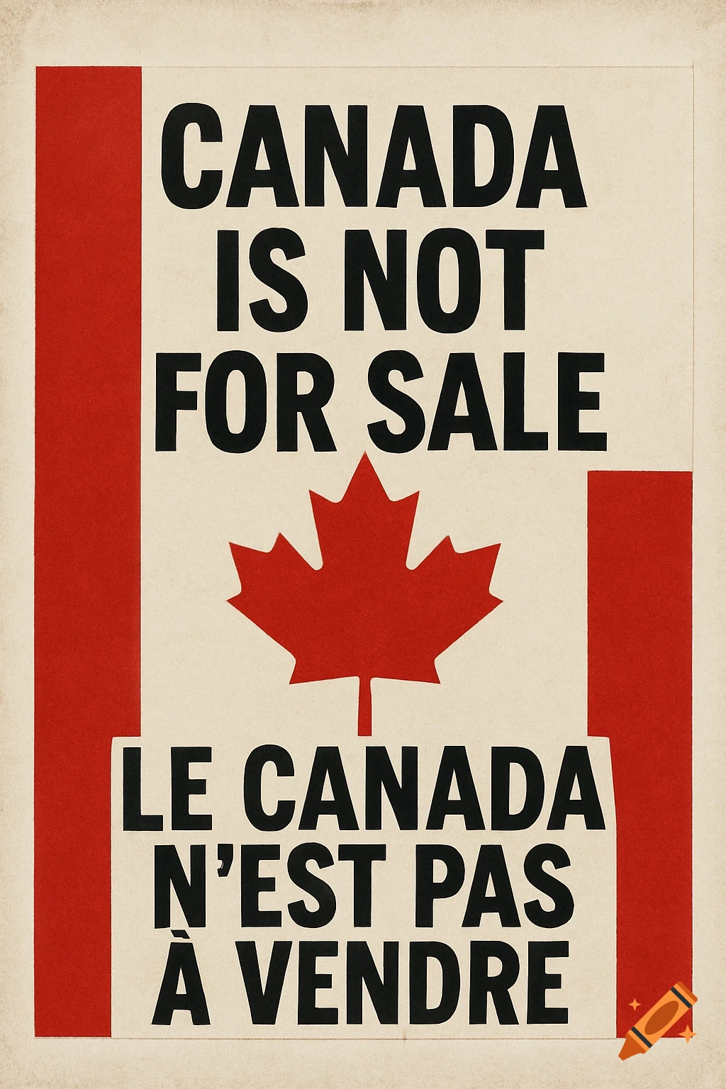 Poster resembling the Canadian flag with text 'Canada is not for sale / le Canada n’est pas à vendre'.