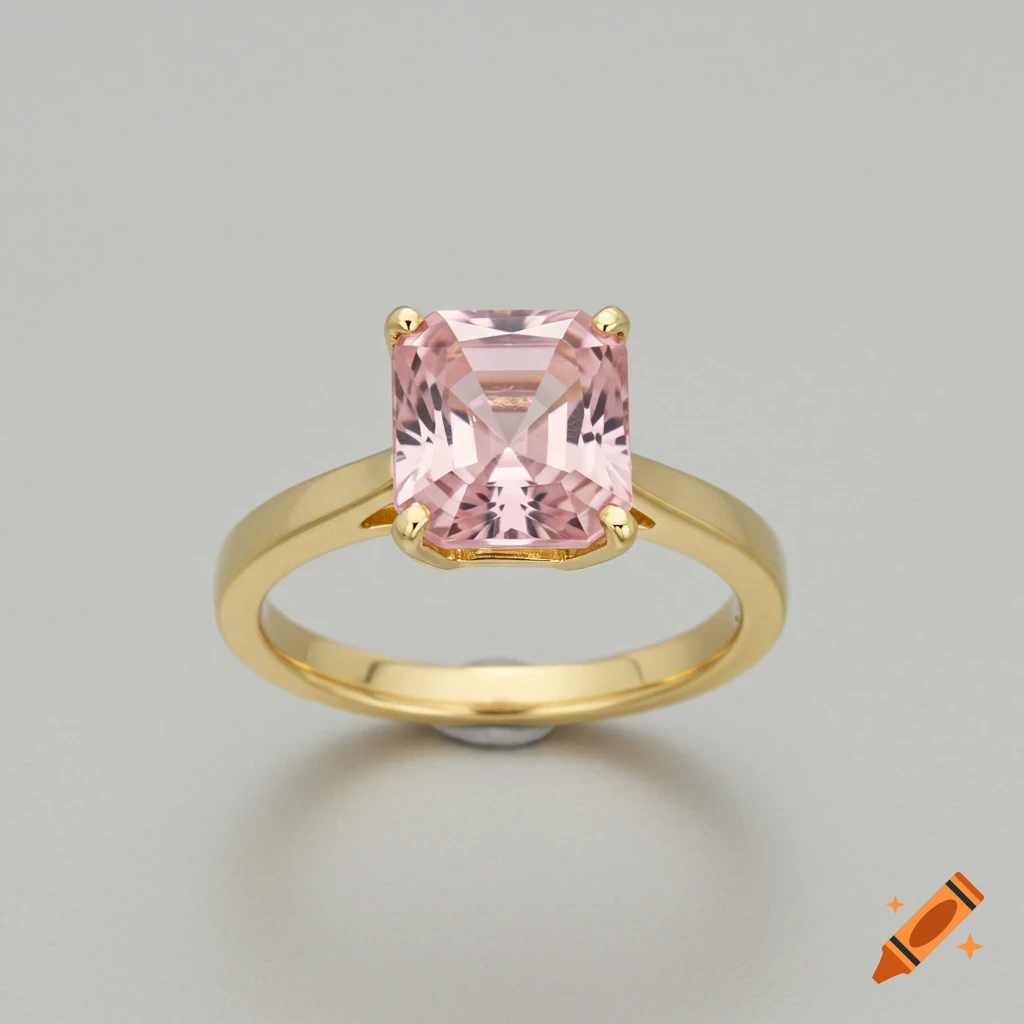 Gold ring with a square pink gemstone.