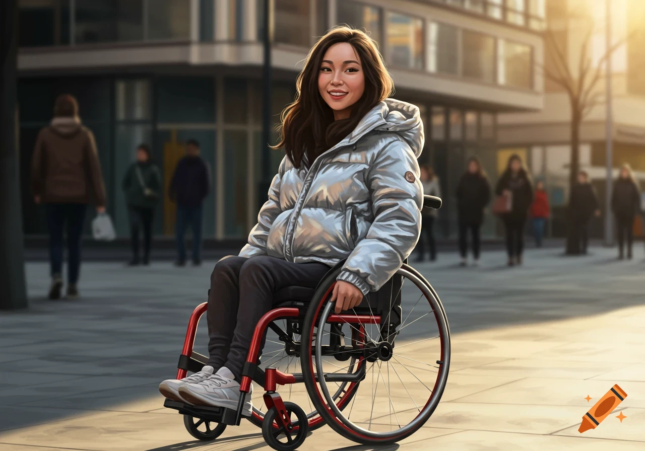 A woman in a shiny puffer coat smiles while sitting in a manual wheelchair on a city street.