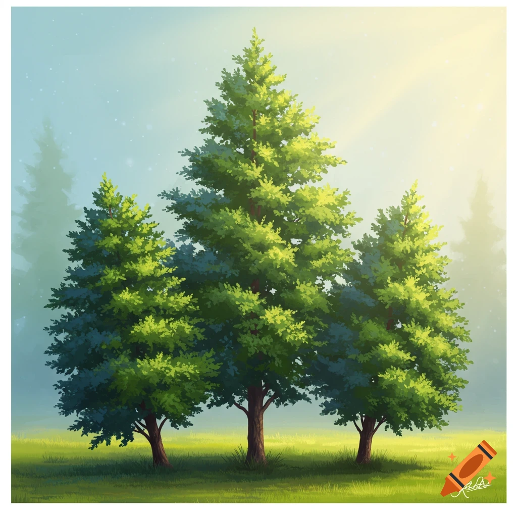 A digital illustration shows three green conifer trees on a grassy field under a bright sky.