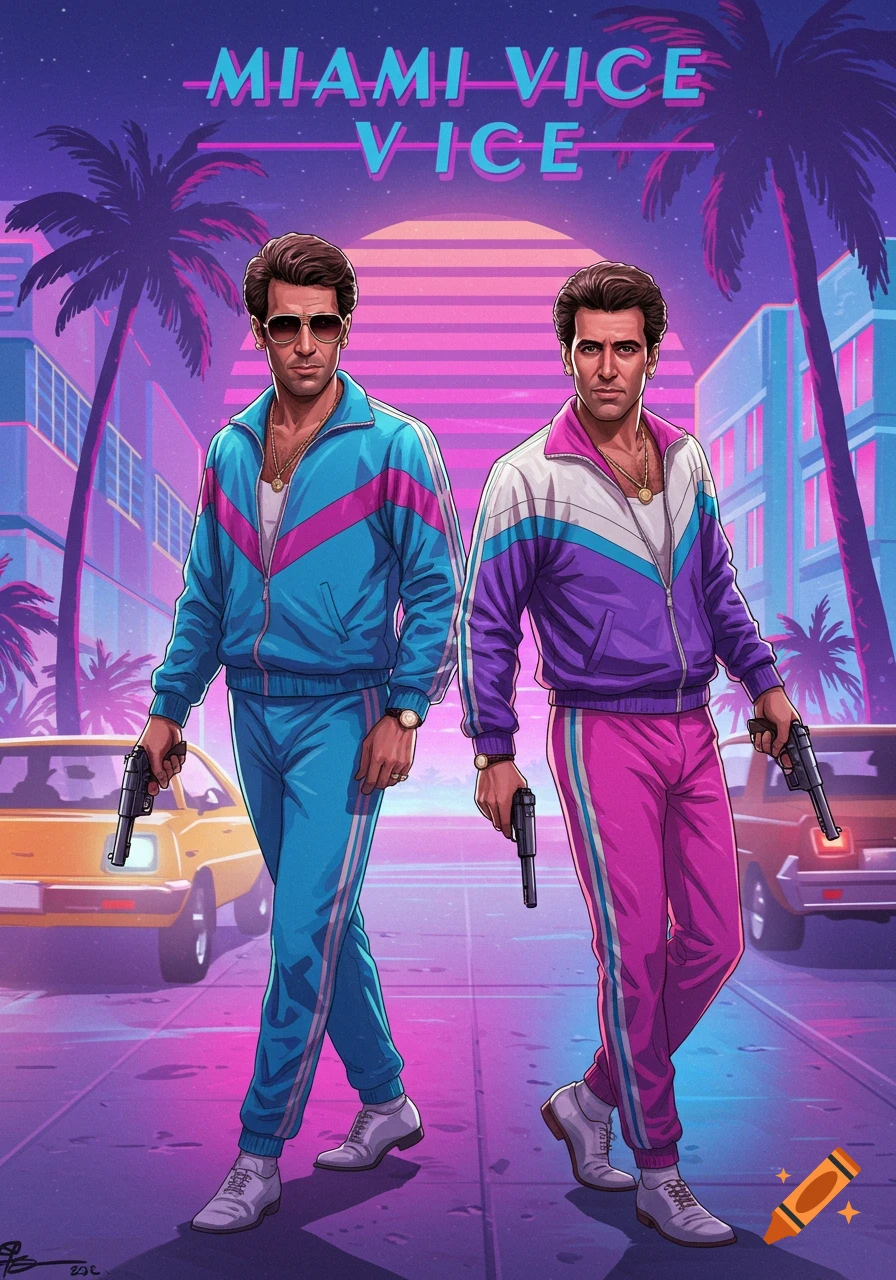 Illustration of two men in tracksuits holding guns in a neon 80s Miami setting with palm trees and cars.