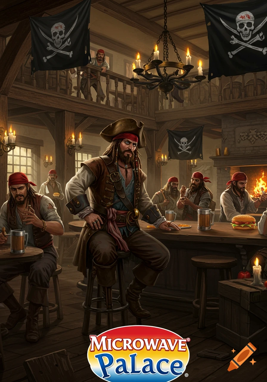 A pirate sits on a stool in a tavern surrounded by other pirates, with a logo at the bottom.
