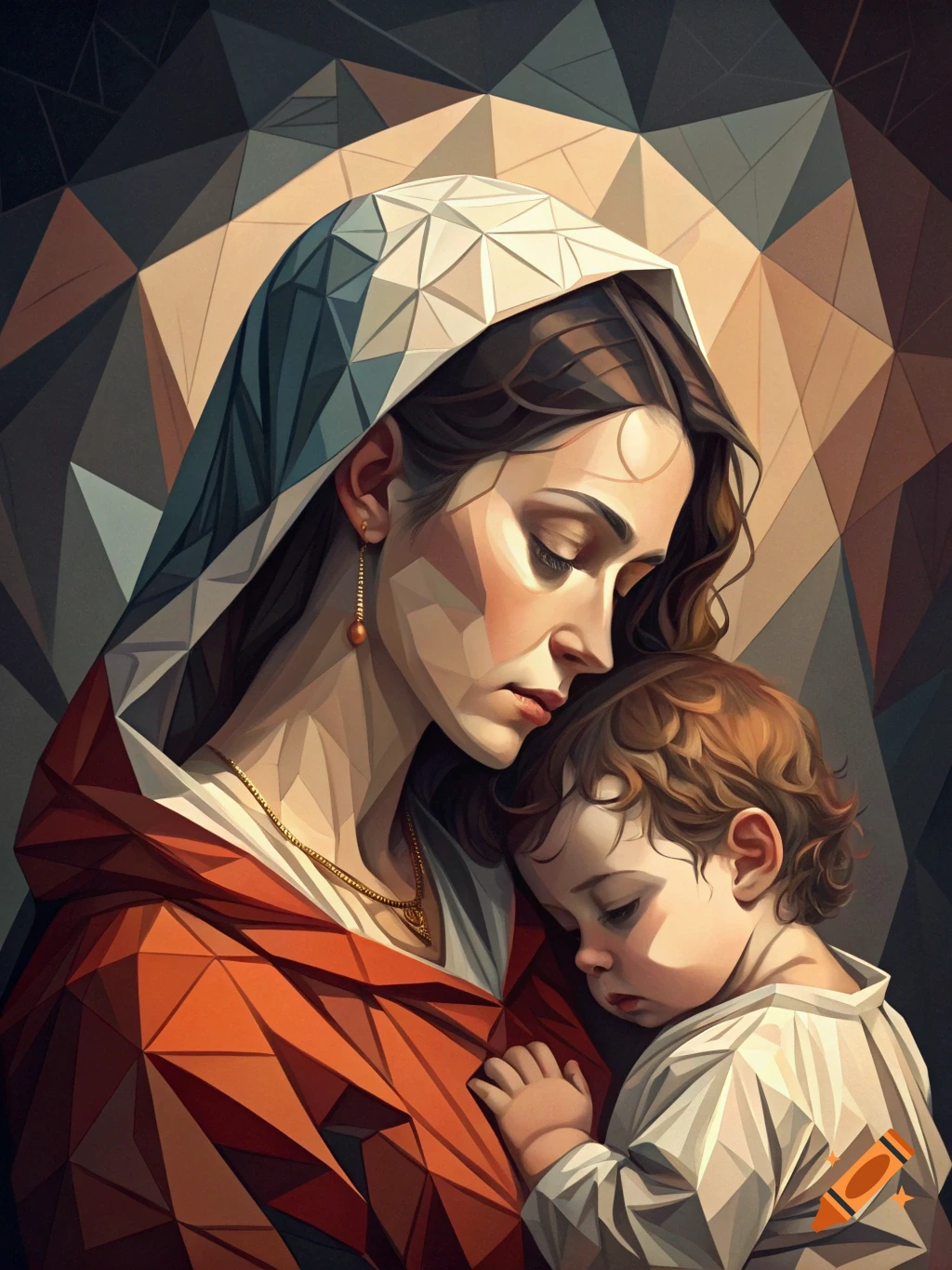 Cubist style portrait of a woman holding a child with geometric shapes and chiaroscuro lighting.