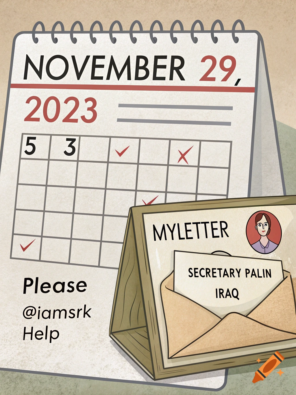 Cartoon illustration of a calendar showing November 29, 2023, and an envelope labeled 'MYLETTER' addressed to Secretary Palin from Iraq.