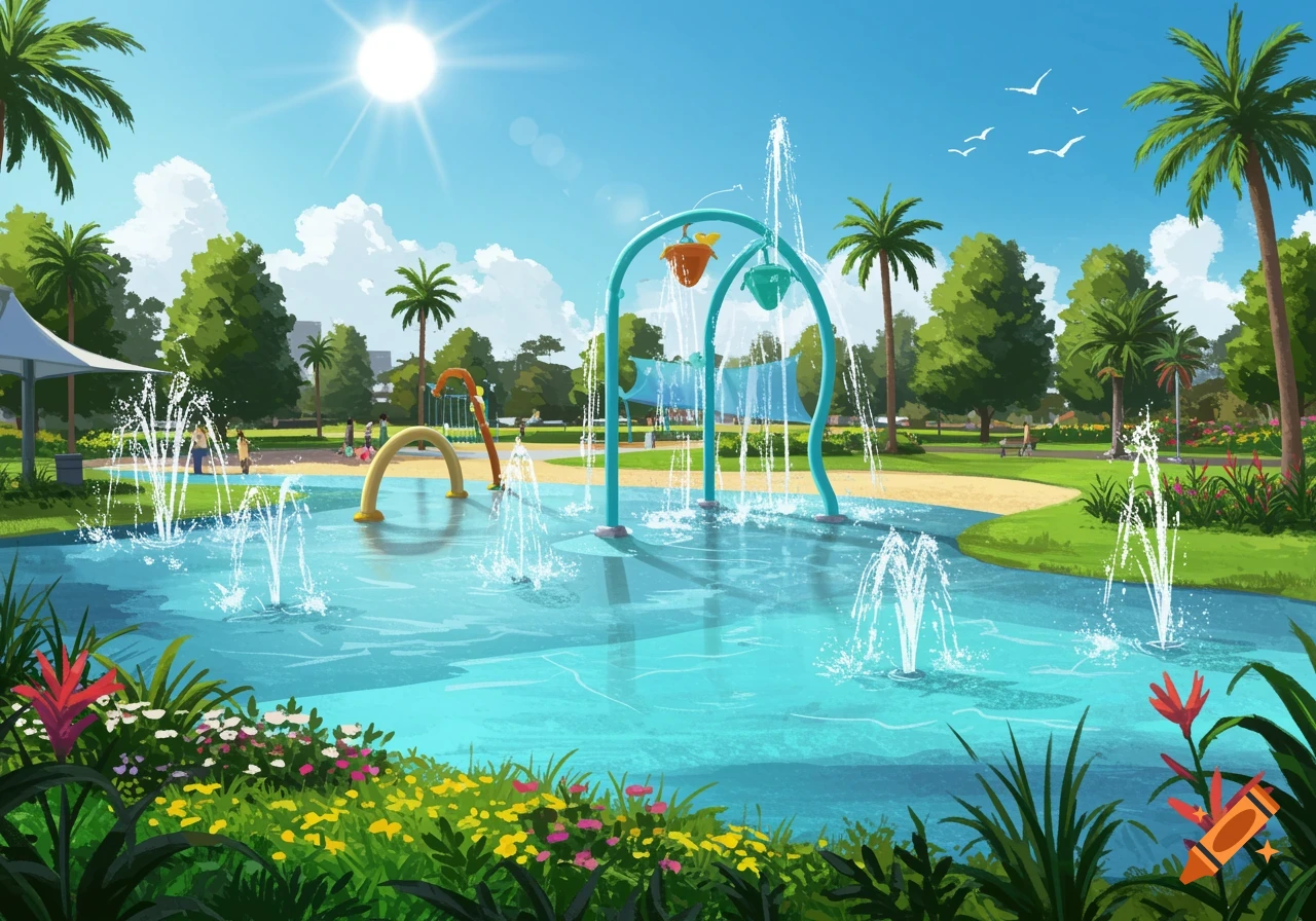 Illustration of a sunny park water playscape with fountains, structures, palm trees, and flowers.