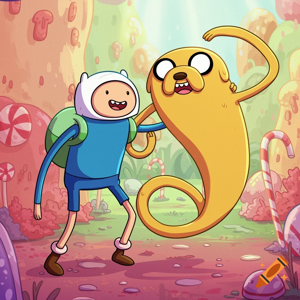 Finn and Jake from Adventure Time in a colorful candy landscape.