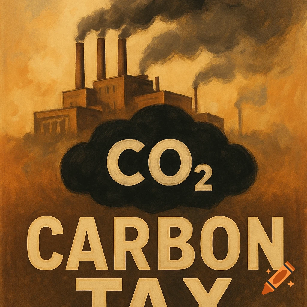 Vintage-style poster of a factory emitting smoke with text 'CO2 CARBON TAX'.