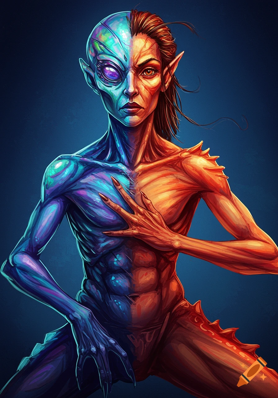 Illustration of a creature split down the middle, half blue alien, half red human/elf.