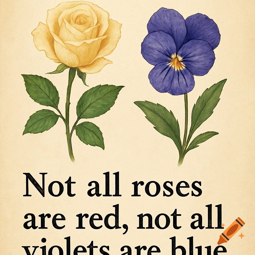 A yellow rose and a blue pansy above the text 'Not all roses are red, not all violets are blue.' in a botanical illustration style.