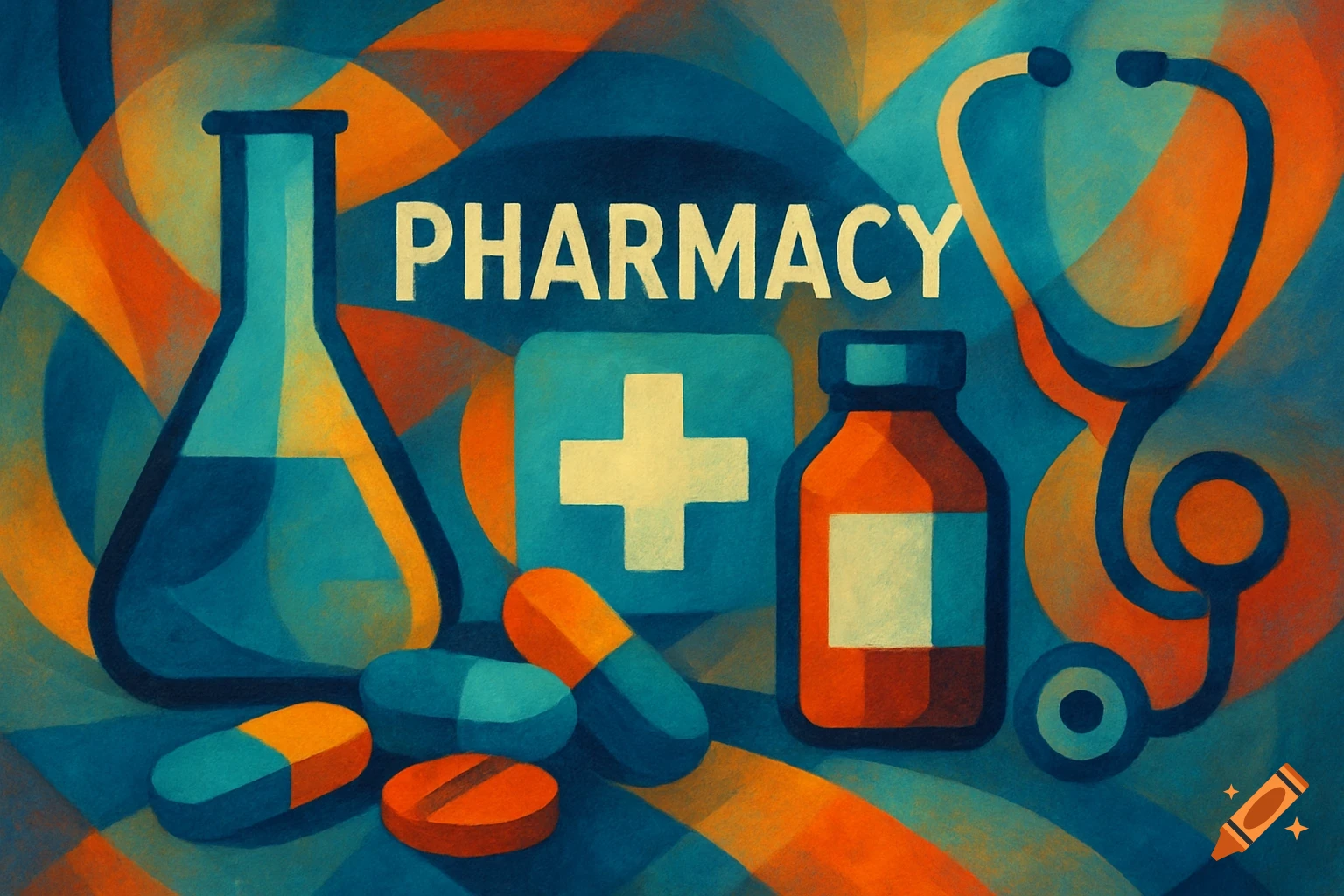 Abstract illustration of pharmacy symbols, including a flask, bottle, pills, stethoscope, and cross, with the word PHARMACY.