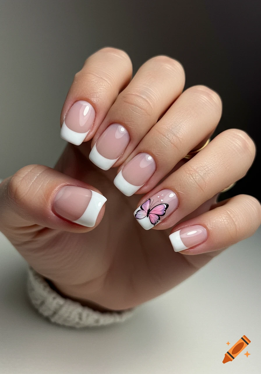 Hand with a white tip french manicure and a pink butterfly design on the ring finger.