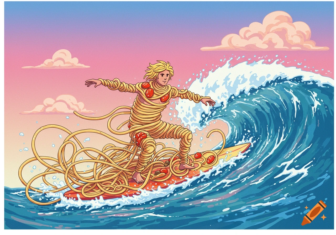 Cartoon illustration of a person covered in spaghetti riding a surfboard on a wave.