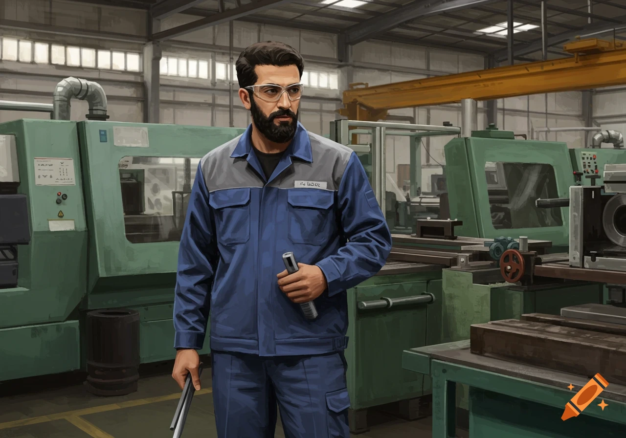 Man in blue factory uniform and safety glasses standing in a machine shop.