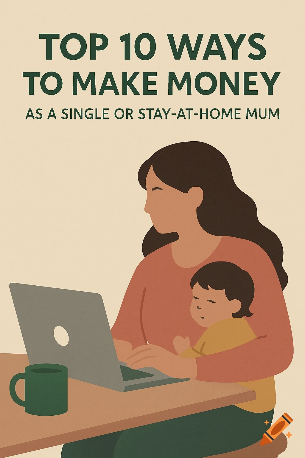 Illustration of a woman and child with a laptop, with text 'TOP 10 WAYS TO MAKE MONEY AS A SINGLE OR STAY-AT-HOME MUM'