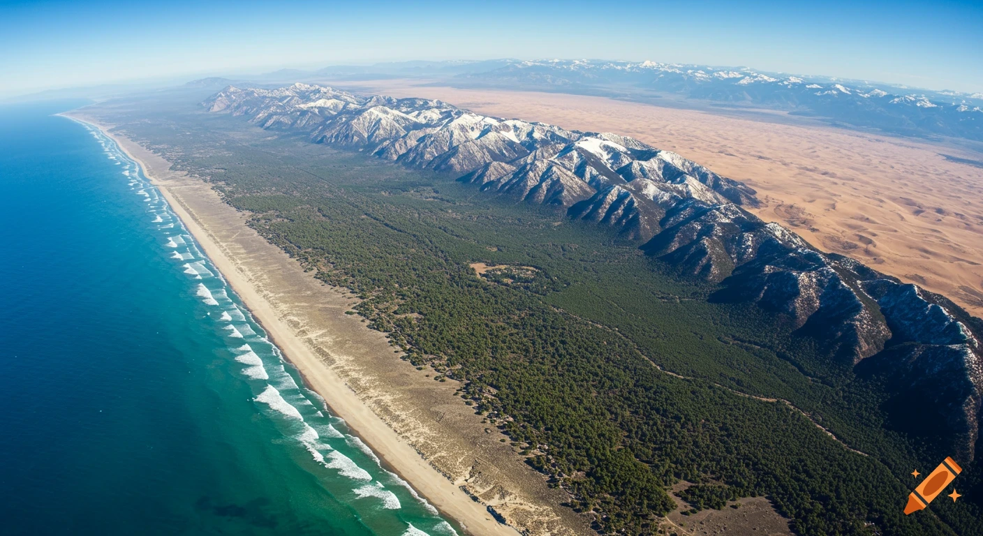 Aerial view of a coastline next to a forest, snow-capped mountains, and desert dunes