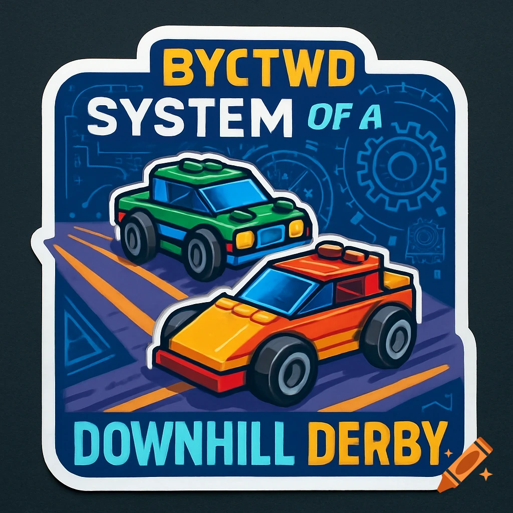 Illustrated sticker of stylized toy cars racing on a track with text 'BYCTWD System of a Downhill Derby'.