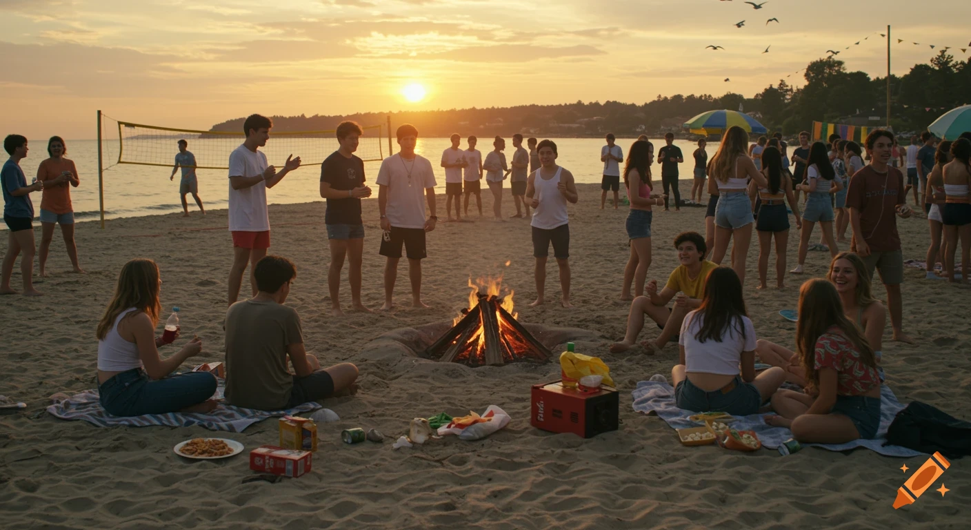 A group of young people gather for a beach party around a bonfire at sunset. Others play volleyball in the background.