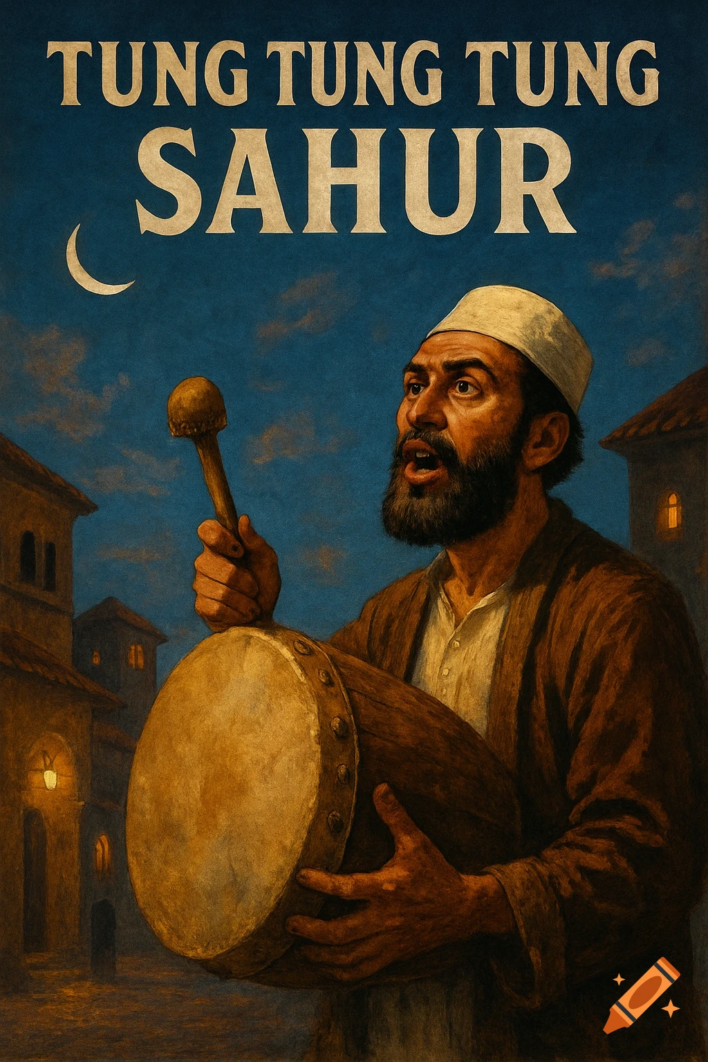 Illustration of a bearded man playing a drum under a crescent moon with text 'TUNG TUNG TUNG SAHUR'.