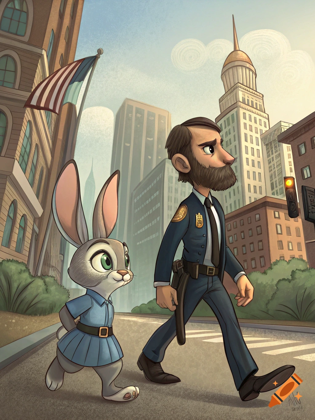 Cartoon rabbit police officer walking with a human police officer in a city.