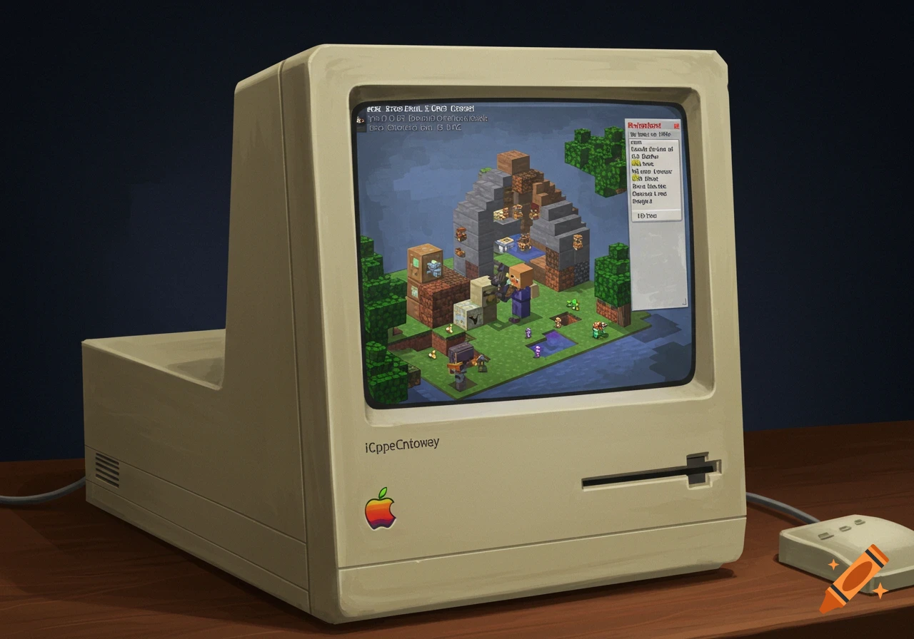 A retro Macintosh computer displays a Minecraft scene with blocky characters and structures.