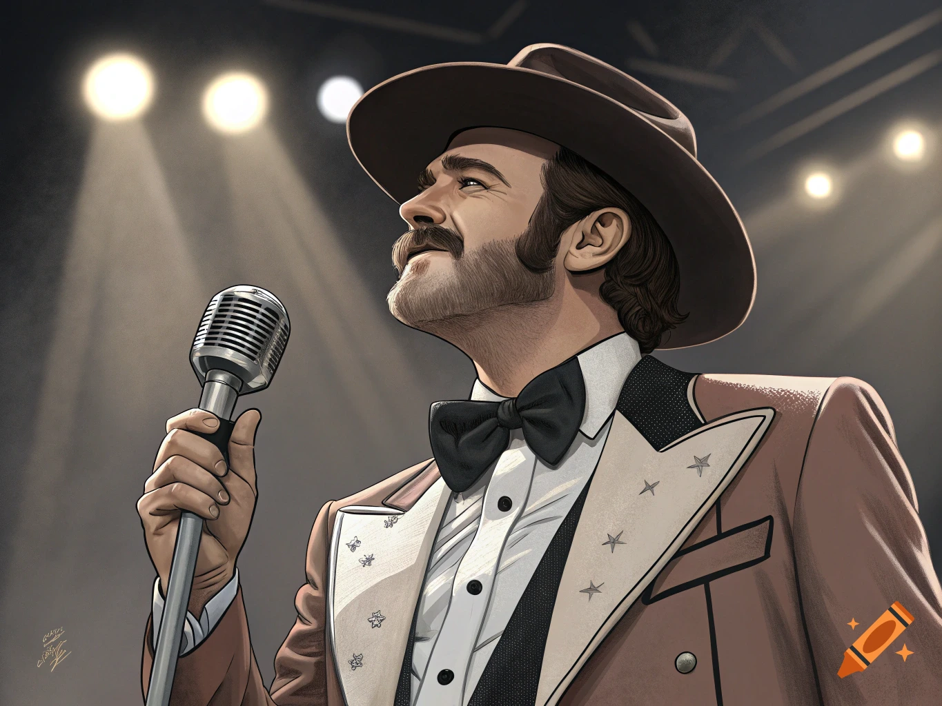 An illustration of a man in a hat and suit singing into a microphone on stage.
