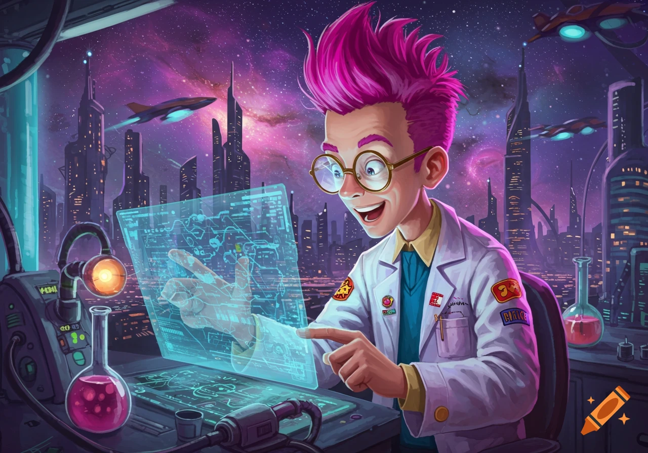 Cartoon futuristic scientist in a lab interacting with a holographic screen