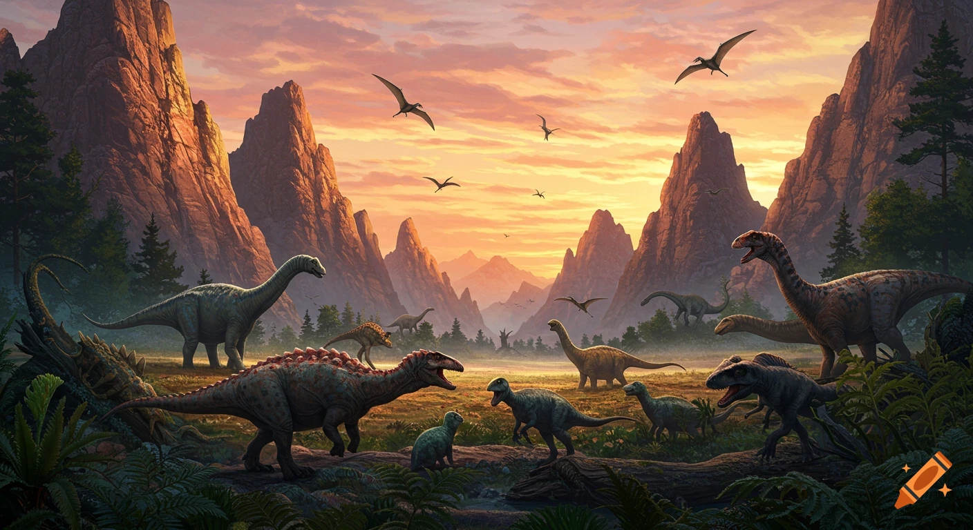 A prehistoric landscape with dinosaurs and mountains at sunset