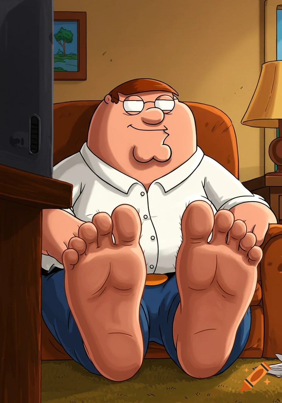 Cartoon of Peter Griffin watching TV in a chair with his large feet out