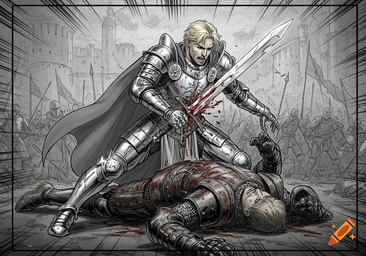 Blonde knight stabs fallen enemy knight through the chest in a comic book style.