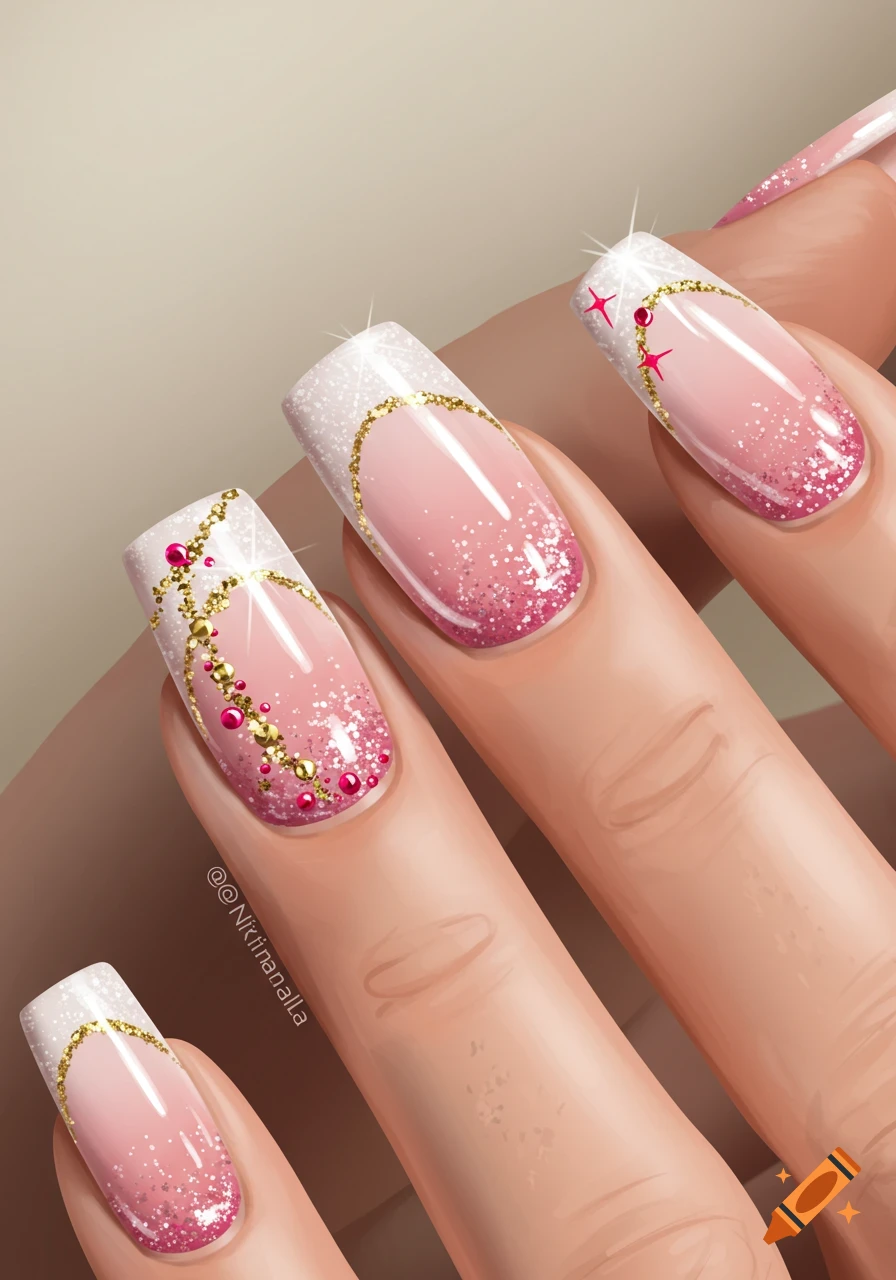 Close-up of hand with ornate pink and white French tip nails decorated with gold glitter, beads, and pink gems, digital painting style.