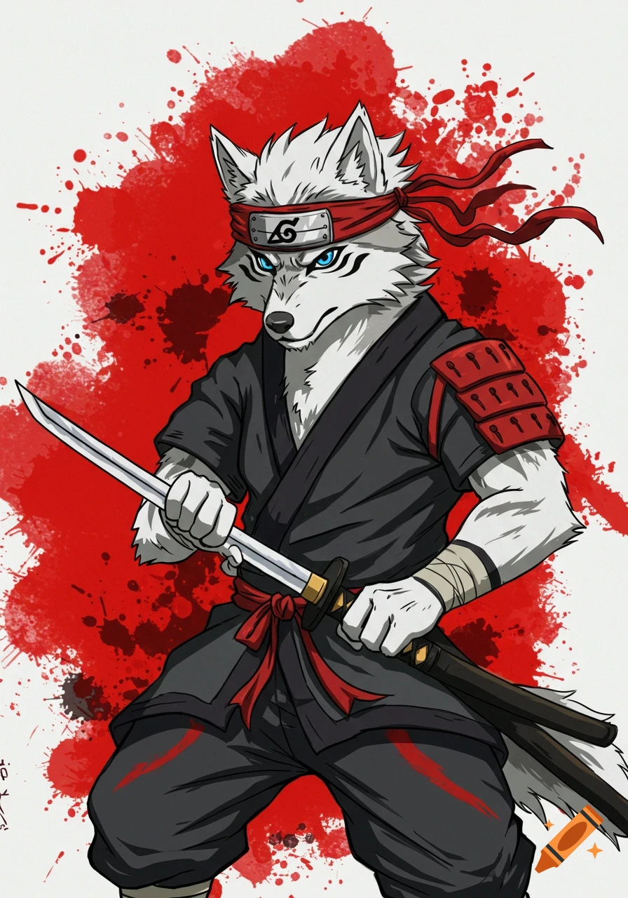 Anime style white wolf warrior holding a sword with red splatter background.
