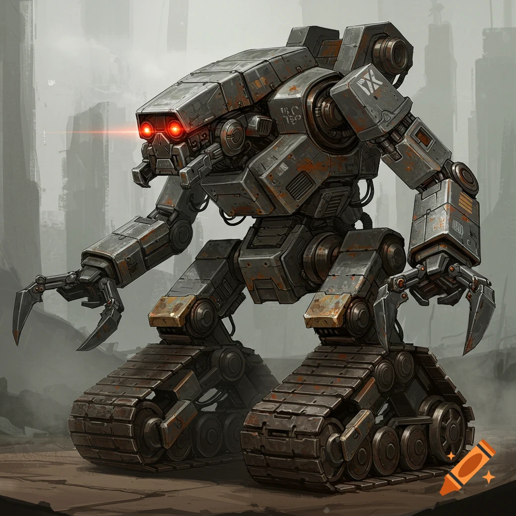 A rusty, heavy-duty robot with red eyes and tank treads stands in a desolate landscape. Digital illustration.