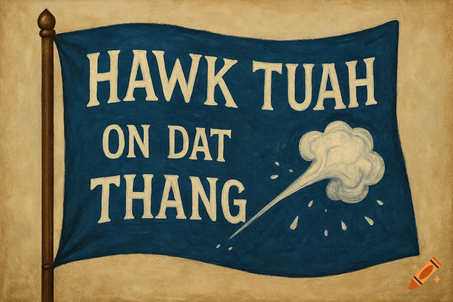 A blue flag with white text saying 'HAWK TUAH ON DAT THANG' and a drawing of spit.