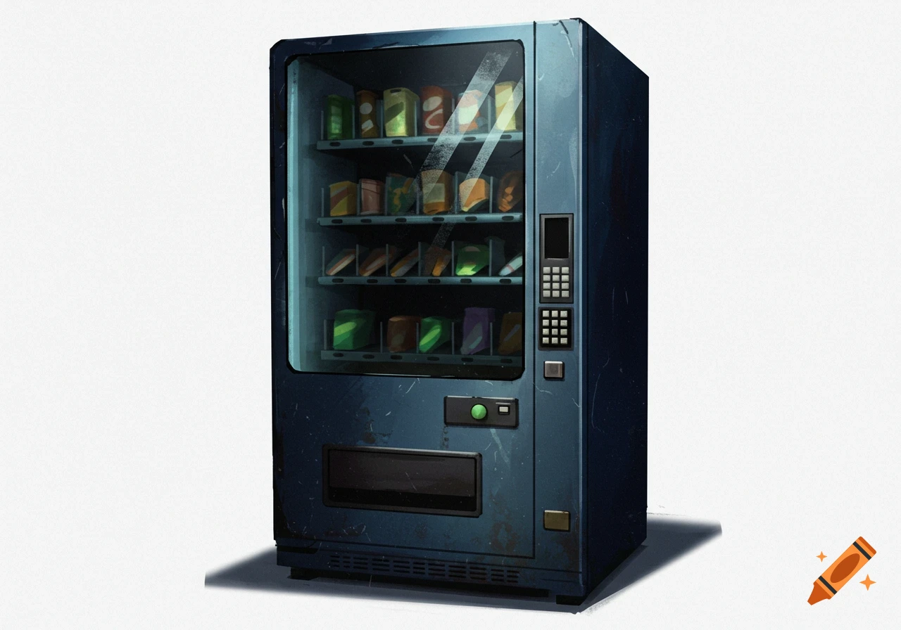Illustration of a dark blue vending machine filled with blurry snacks.