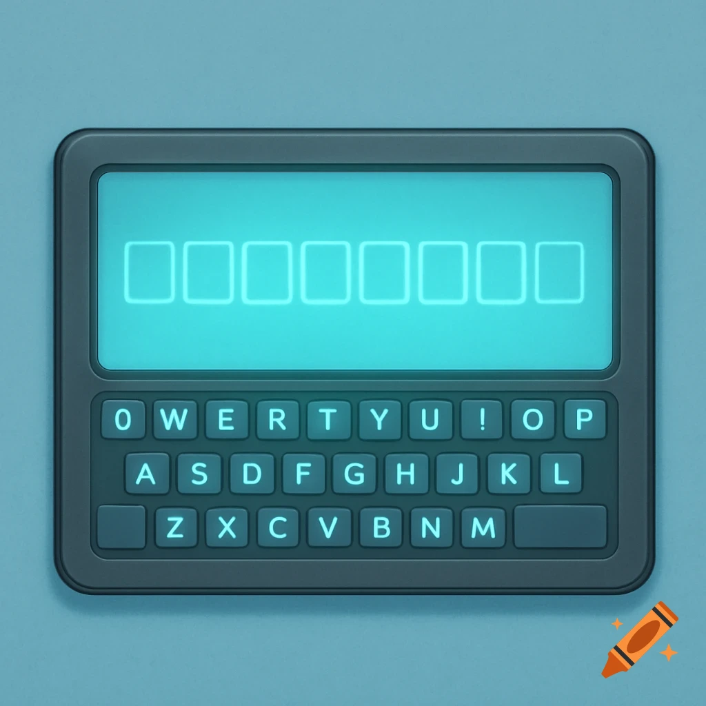 A stylized digital keypad with a keyboard below a screen showing eight empty squares.