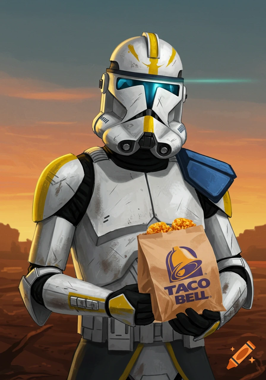 A Star Wars clone trooper in white and yellow armor with a blue visor holds a Taco Bell bag in front of a desert sunset.