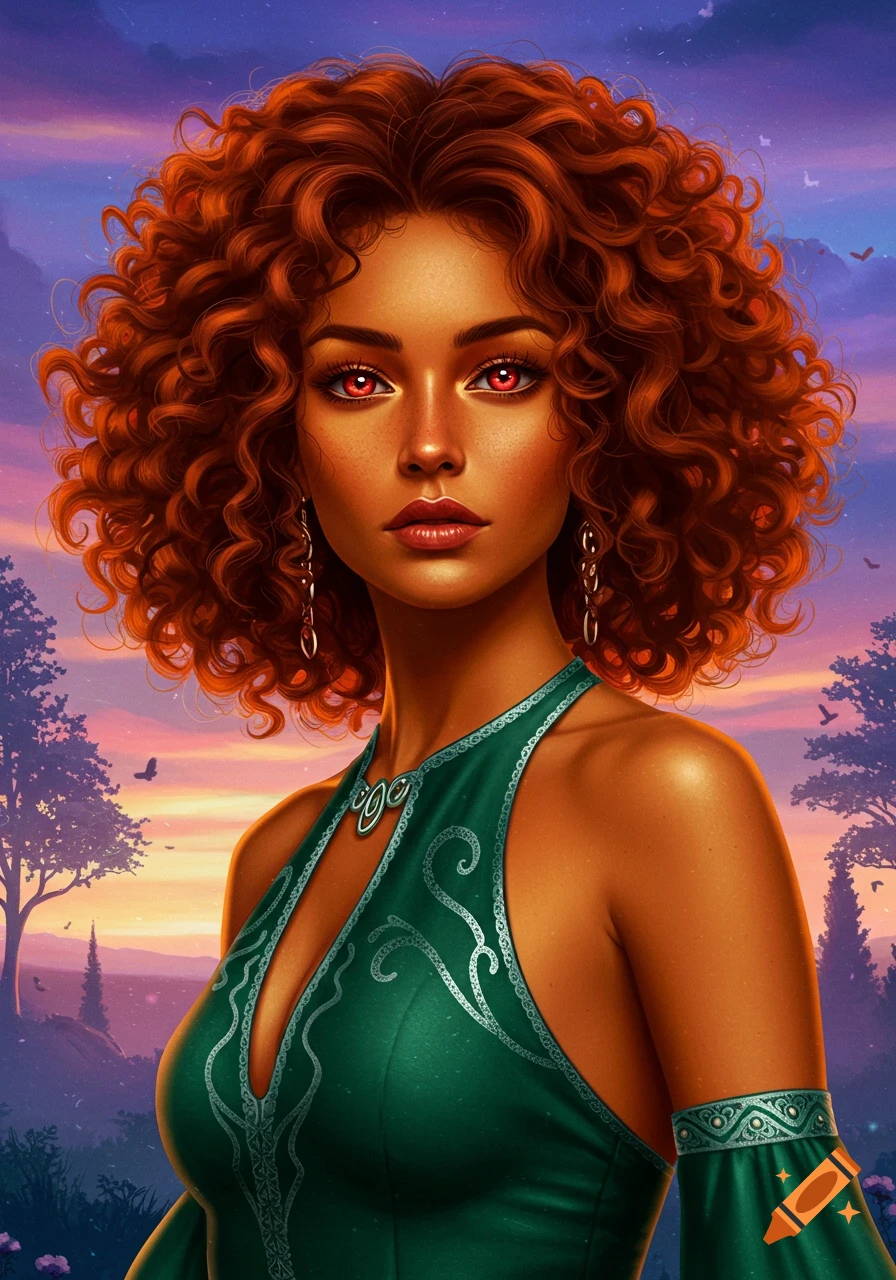 A fantasy portrait of a woman with red eyes and curly red hair in a ...